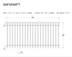 Ornamental Steel Flat Top 8' Wide x 4' Tall 3-Rail Fence Panel with 3-7/8" Air Space