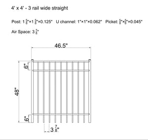 Ornamental Aluminum Flat Top 4' Wide x 4' Tall 3-Rail Gate with 3-7/8" Air Space