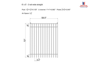 Ornamental Aluminum Flat Top 5' Wide x 6' Tall 3-Rail Gate with 3-7/8" Air Space