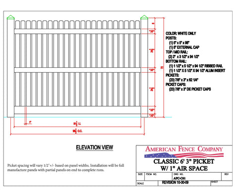 Classic 6' 3" Picket w/1" Air Space, AFC-C61 - White