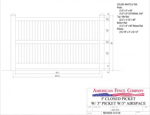 AFC-014   5' Tall x 8' Wide Closed Picket Fence with 3" Air Space - Tan