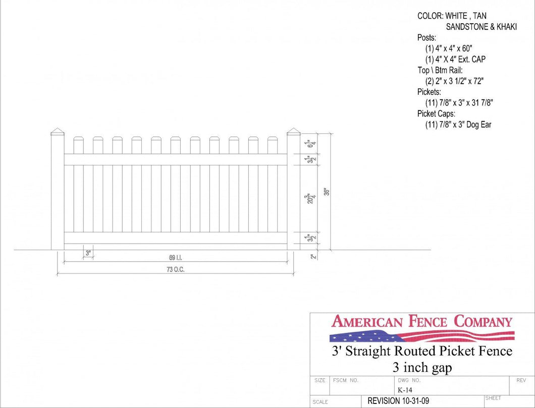 K-14   3' Tall x 6' Wide Tall x 6' Wide Straight Routed Picket Fence with 3