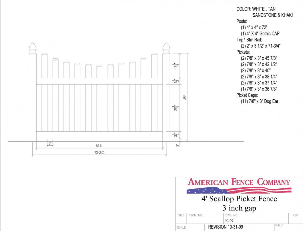 K-97   4' Tall x 6' Wide Underscallop Picket Fence with 3